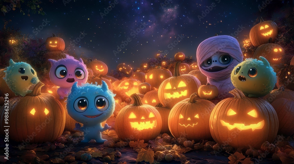 Naklejka premium Illustration of Friendly Halloween Monsters in a Glowing Pumpkin Patch.