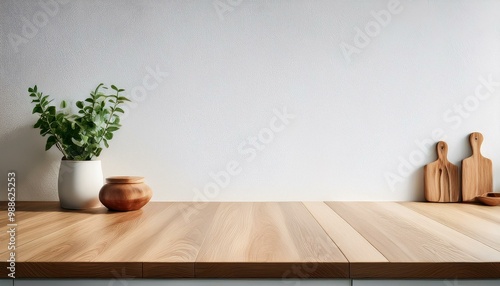 Kitchen wooden countertop on white wall background