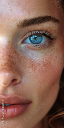 Close-up portrait of a young woman with freckles