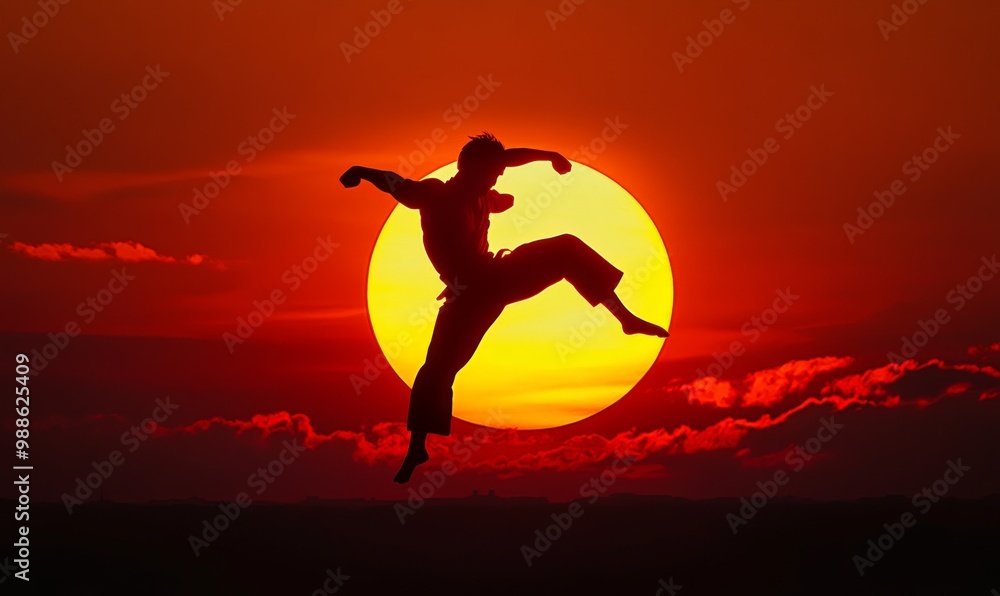 Silhouetted martial artist kicks against sunset. Silhouetted martial artist kicks against sunset.