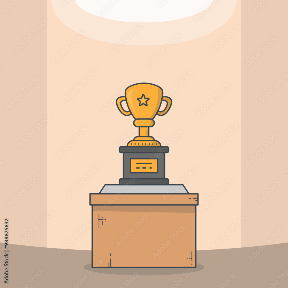 Golden champion cup on pedestal in the hall of fame. Wooden base pedestal and winner cup with gold star. Trophy room line style vector illustration. Golden champion cup on pedestal in the hall of fame. Wooden base pedestal and winner cup with gold star. Trophy room line style vector illustration.