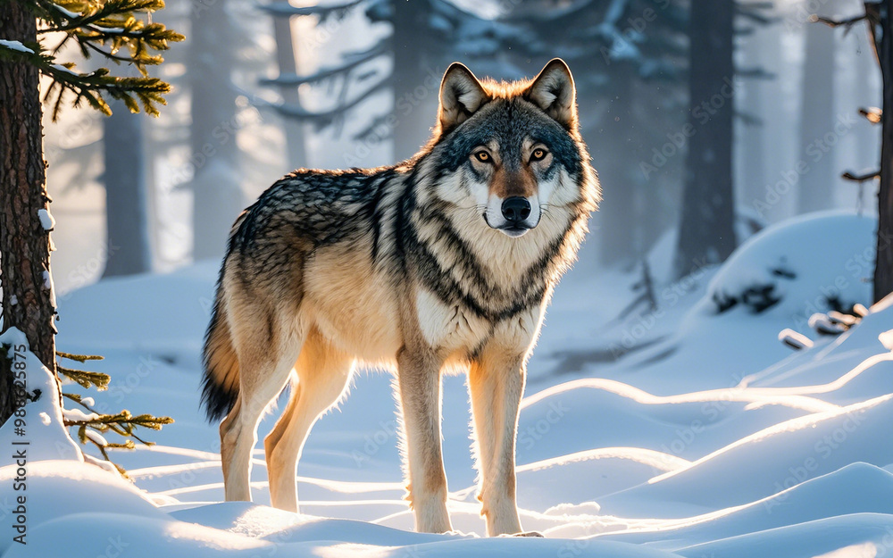 A lone wolf standing in a snow-covered forest, mist rising from the ground A lone wolf standing in a snow-covered forest, mist rising from the ground