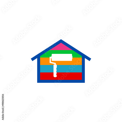 Painting and decorating a house. House with colored stripes and a paint roller inside.