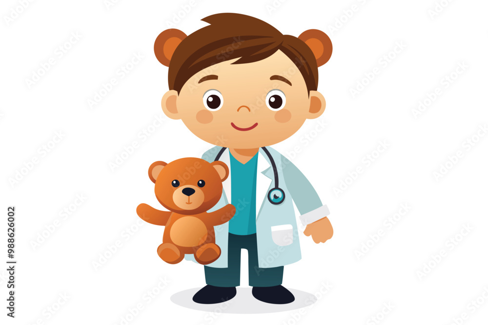 Fototapeta premium A young boy dressed as a doctor happily holds a teddy bear, ready for imaginative play, boy doctor with teddy bear on white background
