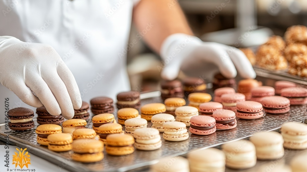 Pastry Chef Arranging Colorful Macarons on a Trays in Bakery Kitchen Closeup, High Angle Pastry Chef Arranging Colorful Macarons on a Trays in Bakery Kitchen Closeup, High Angle