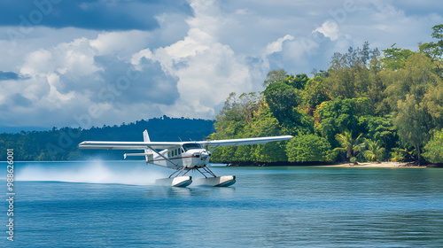 A small seaplane performing a water landing on the serene bay of an island nature reserve with exotic wildlife.