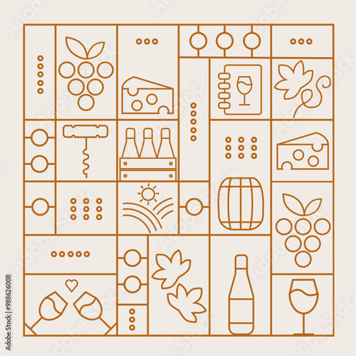 Wine pattern with  wine glasses, wine bottles, cheese, corkscrew, cork and abstract design elements in simple geometric style. Good for branding, decoration of wine package, cover design, menu.