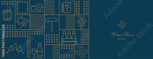 Wine pattern with  wine glasses, wine bottles, cheese, corkscrew, cork and abstract design elements in simple geometric style. Good for branding, decoration of wine package, cover design, menu.