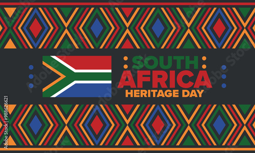 South Africa Heritage Day. Happy holiday. Celebrate culture and traditions of nation. South African flag. Poster with illustration. Pattern design. Vector