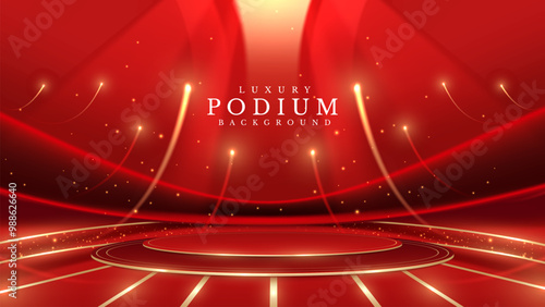 Golden empty podium on red background with neon light effects and bokeh decorations. Luxury scene design concept ideal for product display. Vector illustration.
