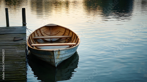 A small wooden dinghy tied to an old wooden dock with the waters surface rippling gently in the breeze.
