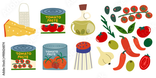 Tomato pasta for pizza and spaghetti, a set of ingredients parmesan cheese, basil, arugula, tomatoes, salami, chili, olives, rosemary, olive oil, garlic. Products for cooking pizza and pasta