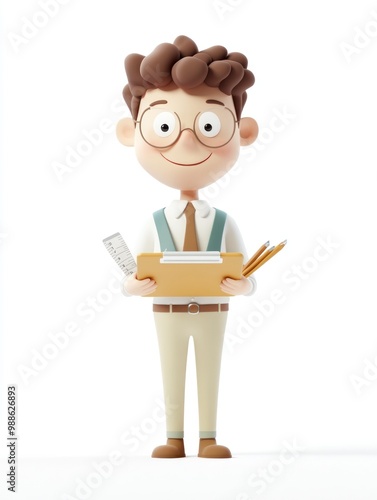 A cheerful cartoon character holding a folder and stationery, symbolizing education or work.