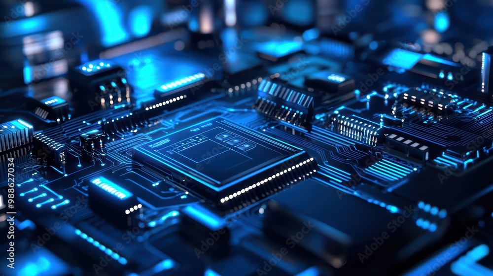 Close-up of a blue illuminated circuit board with intricate electronic components. Close-up of a blue illuminated circuit board with intricate electronic components.