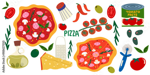Pizza Day vector. Italian pizza with basil, arugula, tomatoes, mushrooms, salami, chili, parmesan, olives, rosemary. Pieces of pizza, a set of ingredients, various toppings