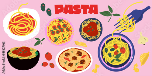 National Noodle and pasta day. Modern vector flat Italian noodles and macaroni retro poster on pink background. Bolognese pasta, pasta with meatballs, with cherry and basil