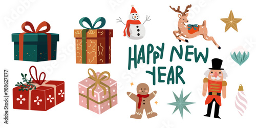 Merry Christmas and Happy New Year vector flat elements in retro style. Winter holiday. Traditional Christmas tree decorations, gift box and toys. Attributes of the New Year holiday