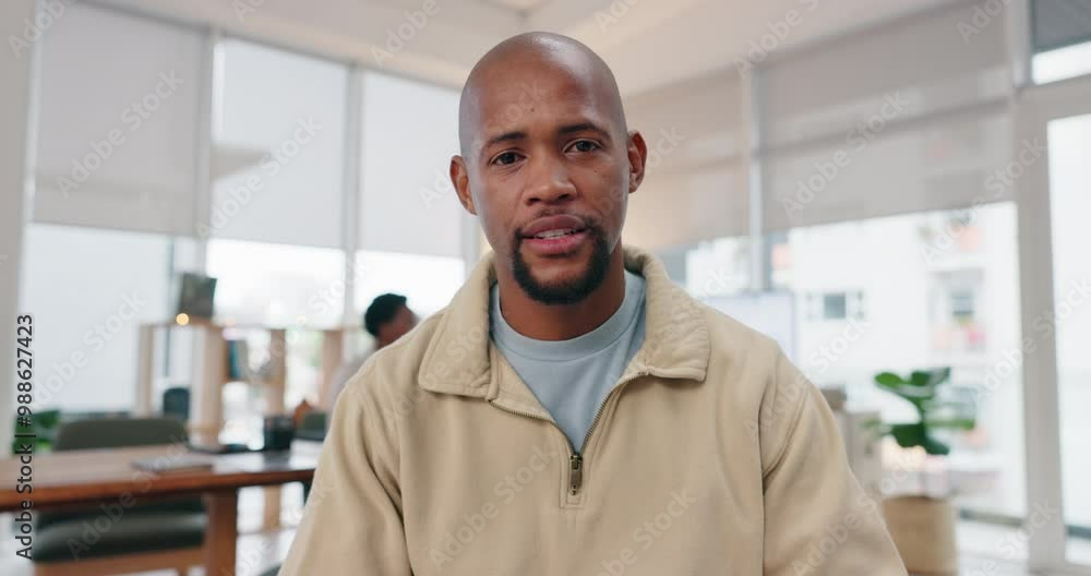 Video call, startup and face of black man in office with confidence for creative graphic designing career. Smile, portrait and male artist on online virtual meeting with pride for multimedia job. Video call, startup and face of black man in office with confidence for creative graphic designing career. Smile, portrait and male artist on online virtual meeting with pride for multimedia job.