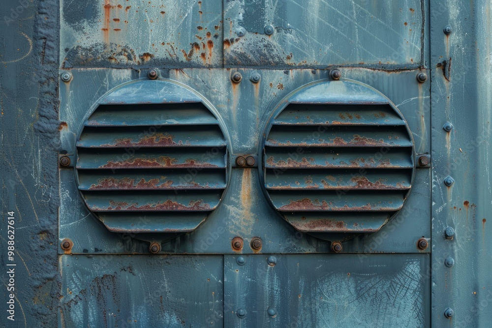 Two round rusted ventilation grills are attached to a weathered industrial wall Two round rusted ventilation grills are attached to a weathered industrial wall
