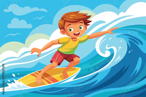 A boy enjoys surfing on his board in the ocean waves under a bright sky, boy surfing in the waves