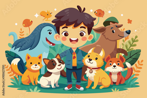 A happy boy poses with his favorite pet animal characters in a vibrant, playful environment, Boy With Pet Animal Characters Group