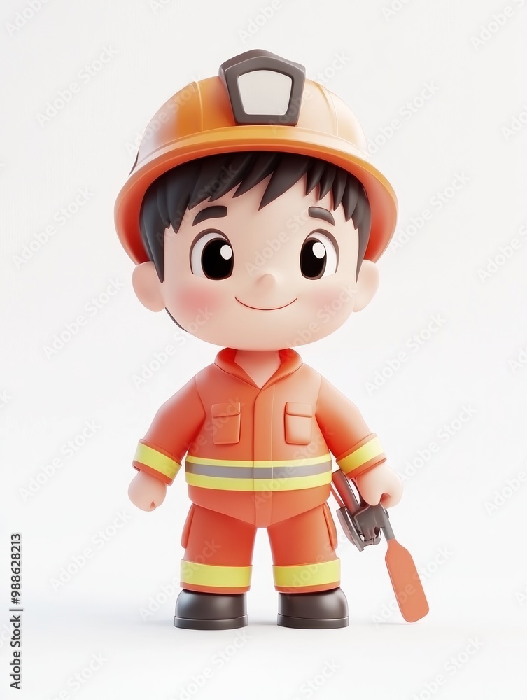 A cheerful cartoon firefighter character in an orange uniform, holding a tool. A cheerful cartoon firefighter character in an orange uniform, holding a tool.