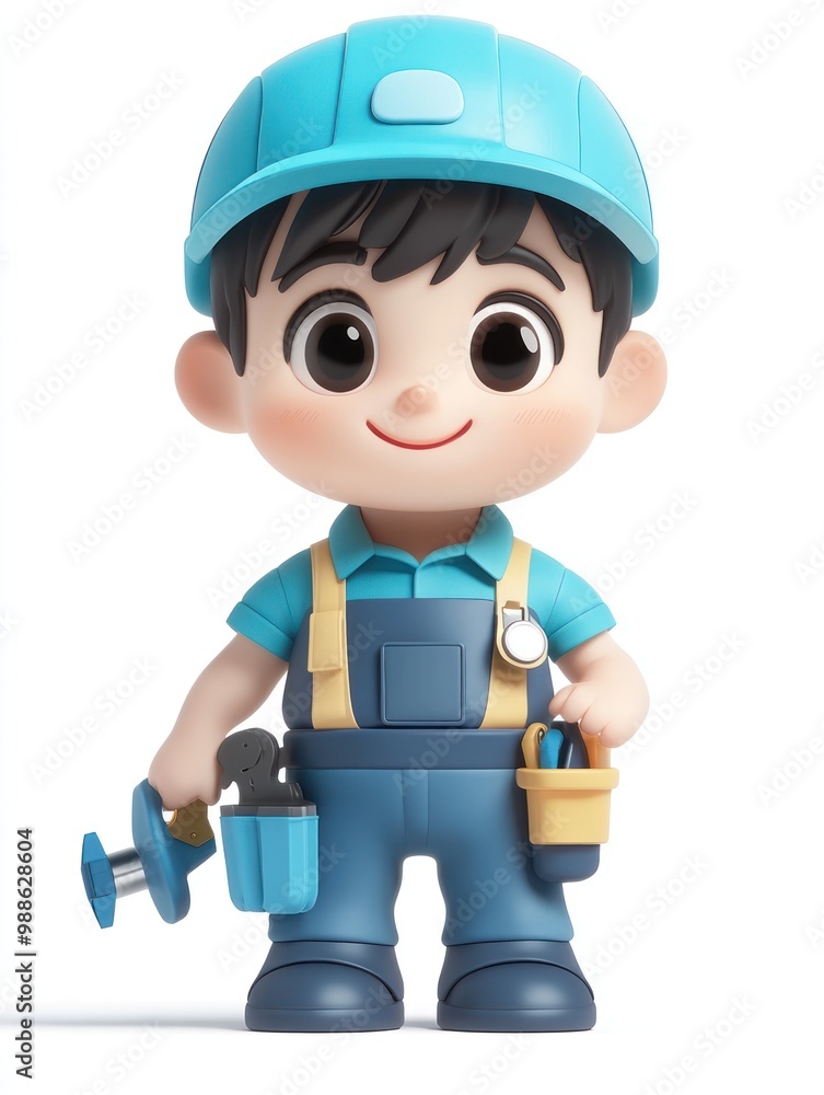 A cheerful cartoon character dressed as a worker, holding tools and smiling. A cheerful cartoon character dressed as a worker, holding tools and smiling.