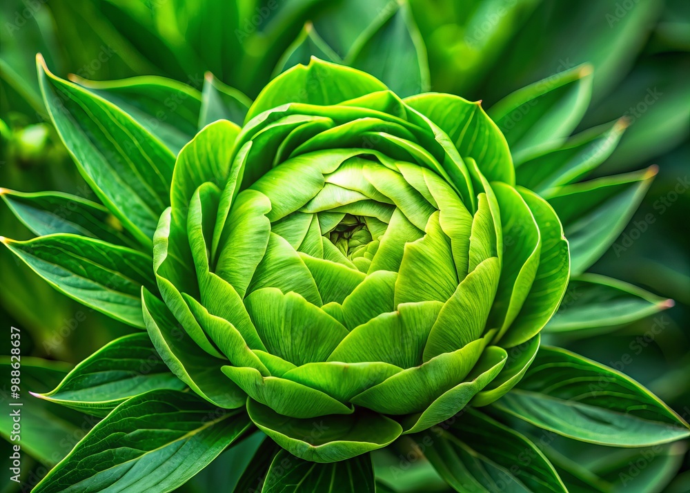 Obraz premium In a peaceful outdoor scene, a lush peony leaf emerges, its velvety green petals and ridged veins highlighting