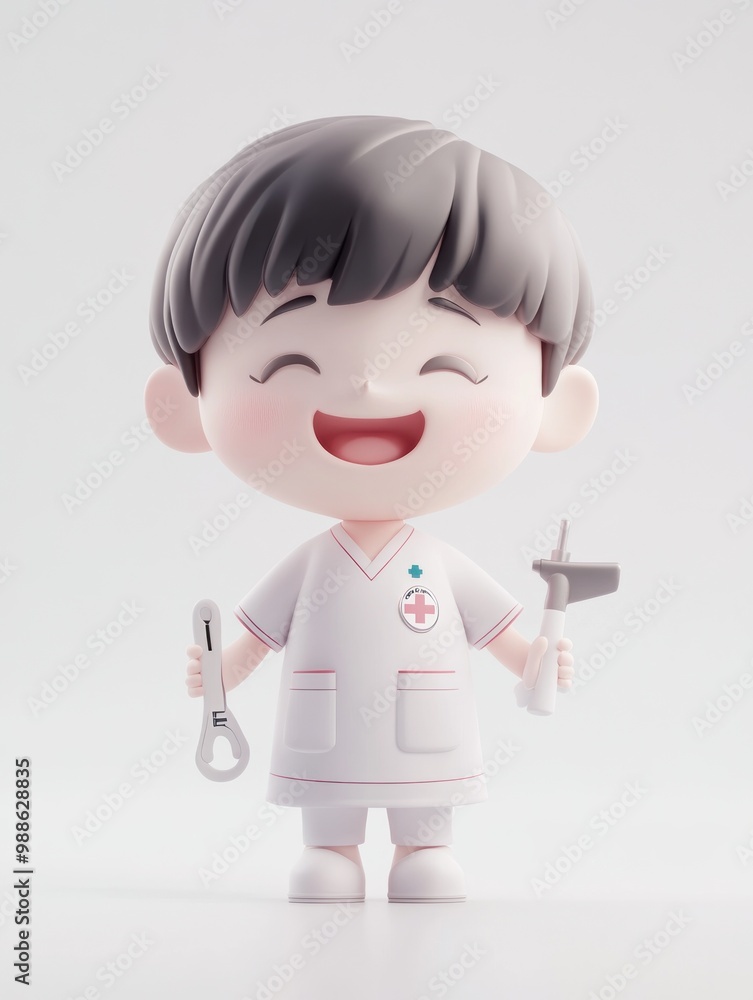 A cheerful cartoon character in a medical outfit holding tools, representing healthcare. A cheerful cartoon character in a medical outfit holding tools, representing healthcare.