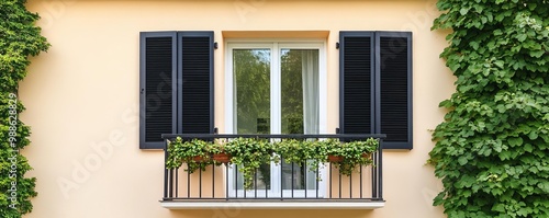 Suburban house with a quaint balcony, black shutters, and ivy climbing the walls photo