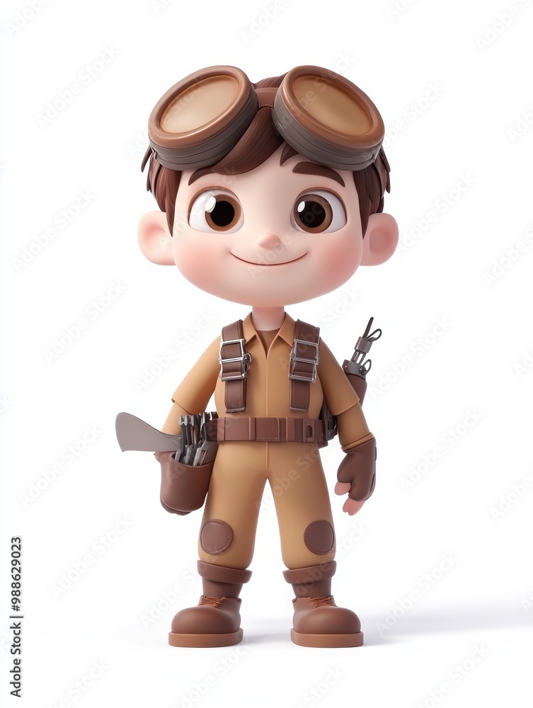 A cheerful cartoon boy in a pilot outfit with goggles and a toy weapon, ready for adventure. A cheerful cartoon boy in a pilot outfit with goggles and a toy weapon, ready for adventure.