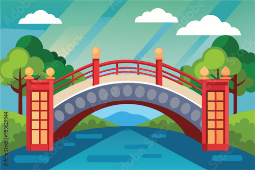 A traditional bridge arches over a calm river, framed by vibrant greenery and fluffy clouds overhead, bridge