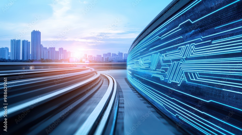 Futuristic cityscape with illuminated tracks and digital effects in the sunset. Futuristic cityscape with illuminated tracks and digital effects in the sunset.