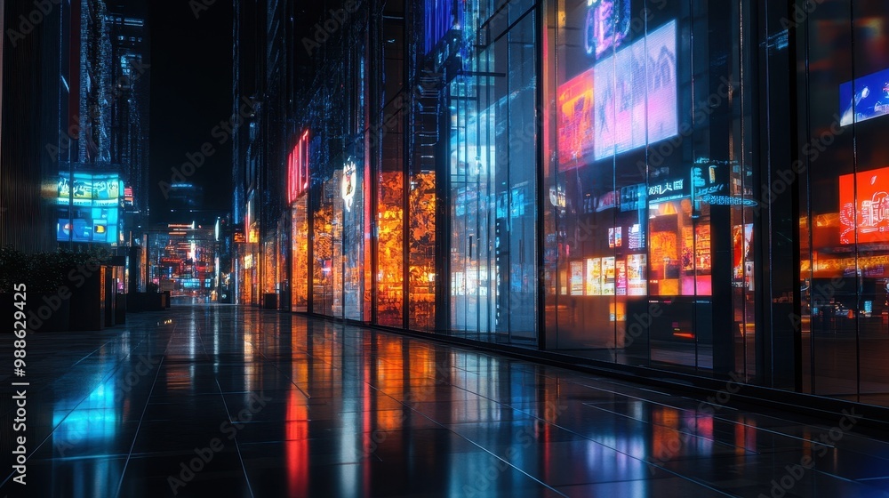 Neon City Lights Reflecting on Wet Pavement at Night Neon City Lights Reflecting on Wet Pavement at Night