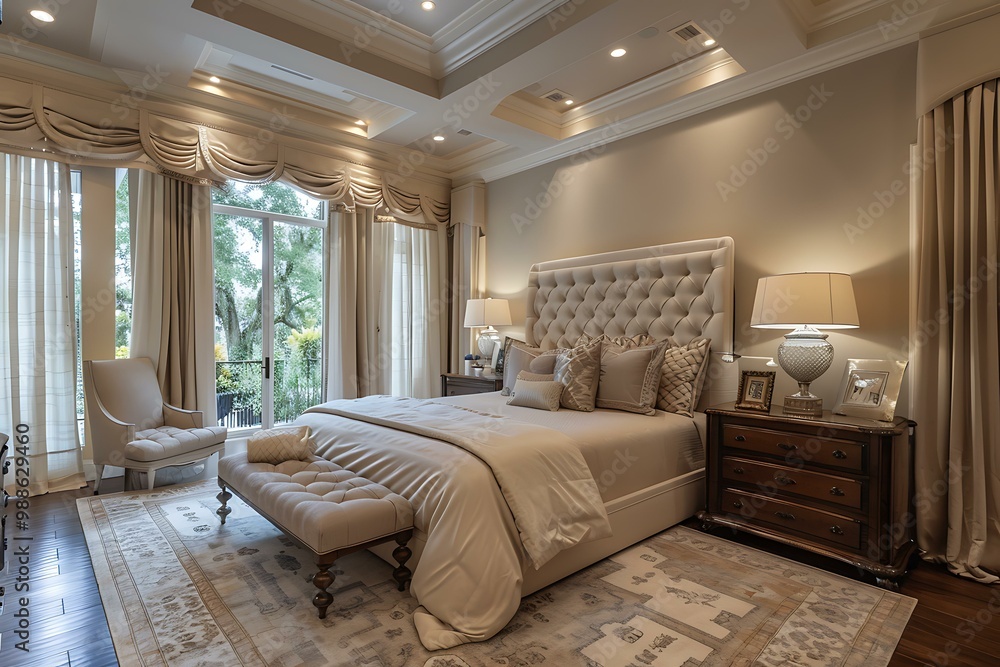 Fototapeta premium Elegant master bedroom with a large bed, sitting area, and balcony