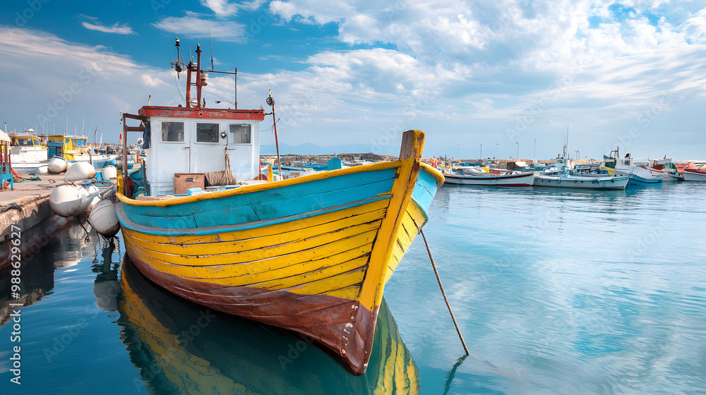 A traditional wooden fishing boat with a colorful hull docked at a bustling port filled with activity. A traditional wooden fishing boat with a colorful hull docked at a bustling port filled with activity.