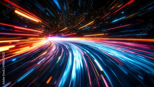 Abstract light speed background with colorful lines and rays of sunlight on a black background