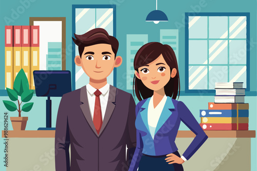 A business couple appears confident as they collaborate in a contemporary office environment, Business couple in the office scene