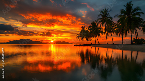 A tranquil island bay with calm waters reflecting the fiery hues of a setting sun framed by tall swaying coconut trees.