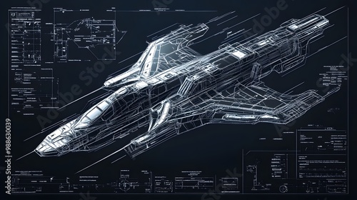 Fototapeta Naklejka Na Ścianę i Meble -  Orthographic Projection: A technical drawing of a futuristic spaceship rendered in orthographic projection, with isometric angles highlighting every intricate detail of its design in a clean, precise 