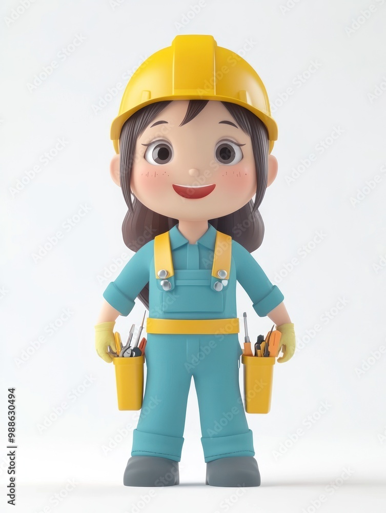 A cheerful cartoon character in a construction outfit with tools and a helmet. A cheerful cartoon character in a construction outfit with tools and a helmet.