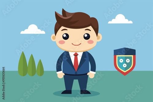 A cute cartoon businessman poses in a park with trees and a shield, showcasing confidence and charm, Businessman Security - Cute Cartoon Businessman Vector Illustration Design