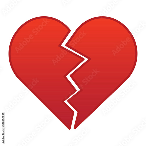 Red Heart broken to two pieces vector illustration icon or logo, broken heart concept, breakup or divorce, heartbreak regret, separated couple, tragic love. Broken Red Heart Emoji.