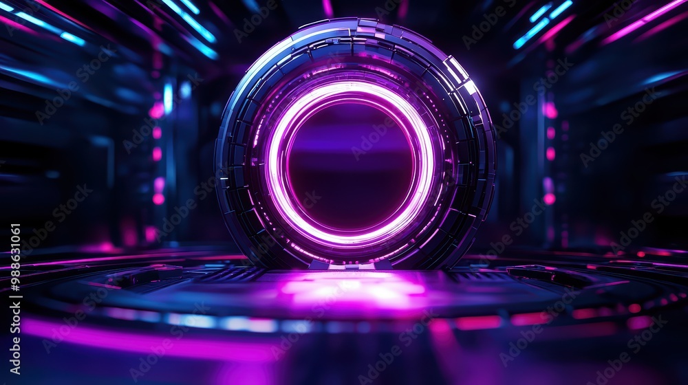 Futuristic neon circular interface in a digital environment. Futuristic neon circular interface in a digital environment.