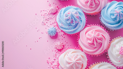 Delicious cupcakes with sprinkles and frosting are sitting on a pink background