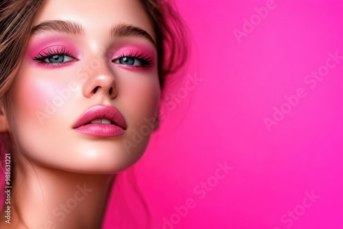 Beautiful woman with pink makeup, fashion portrait photography.