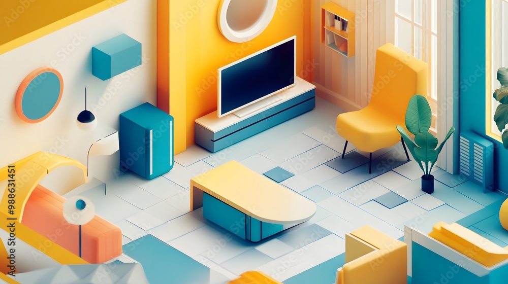 A highly geometric and stylized isometric room, where every object aligns perfectly with 120-degree angles between the axes, creating a balanced and harmonious space A highly geometric and stylized isometric room, where every object aligns perfectly with 120-degree angles between the axes, creating a balanced and harmonious space