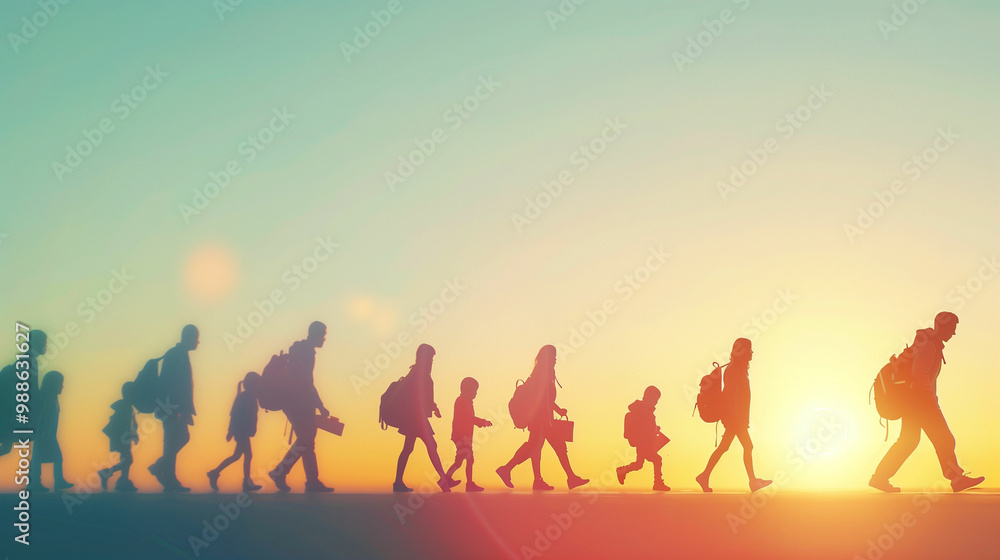 Families and caregivers support children as they walk towards school in the bright morning sunlight Families and caregivers support children as they walk towards school in the bright morning sunlight