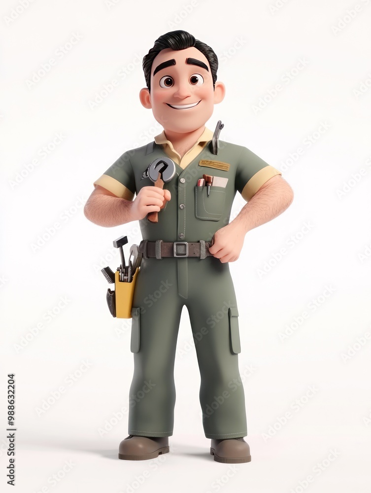 A cheerful cartoon mechanic holding a wrench, dressed in a work uniform with tools. A cheerful cartoon mechanic holding a wrench, dressed in a work uniform with tools.