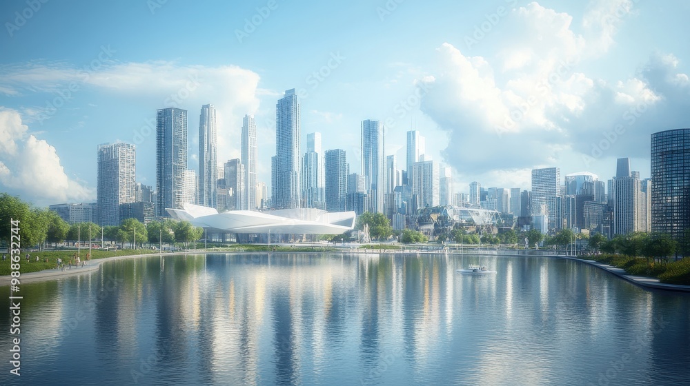 Majestic Cityscape with Reflections on a Tranquil Waterway Majestic Cityscape with Reflections on a Tranquil Waterway